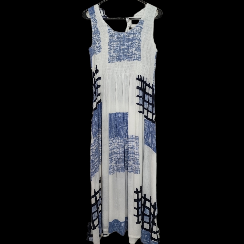 NWT Kaktus blue white patch maxi dress smocked bodice sleeveless Small